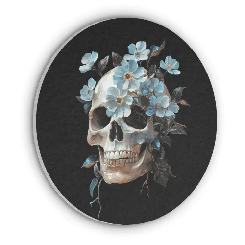Schedel - Blauw - Bloemen - Bladeren Akoestische PET Vilt - Rond klein -3d