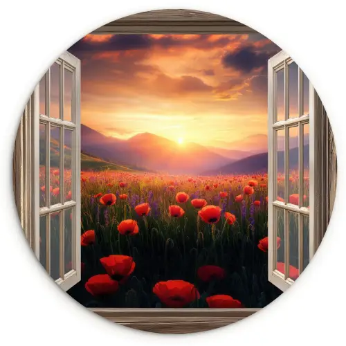 Doorkijk - Klaprozen - Bloemen - Rood - Open raam Wandcirkel kunststof plaat 5mm dik klein -3d