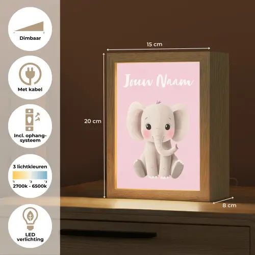Olifant - Baby - Roze - Cartoon Light Box met kabel (Kinderlampje) klein -USP_NL