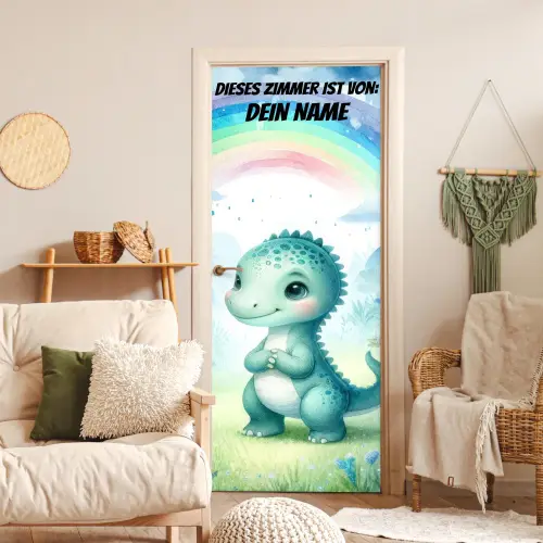 Niedlicher Dino unter Regenbogen im Aquarellstil. deurposter klein -sfeer2