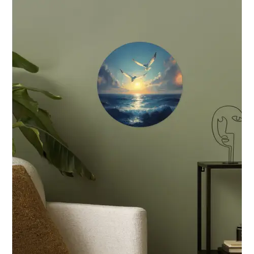 Meeuwen - Zee - Wolken -Blauw Wandcirkel behangsticker klein -sfeer2
