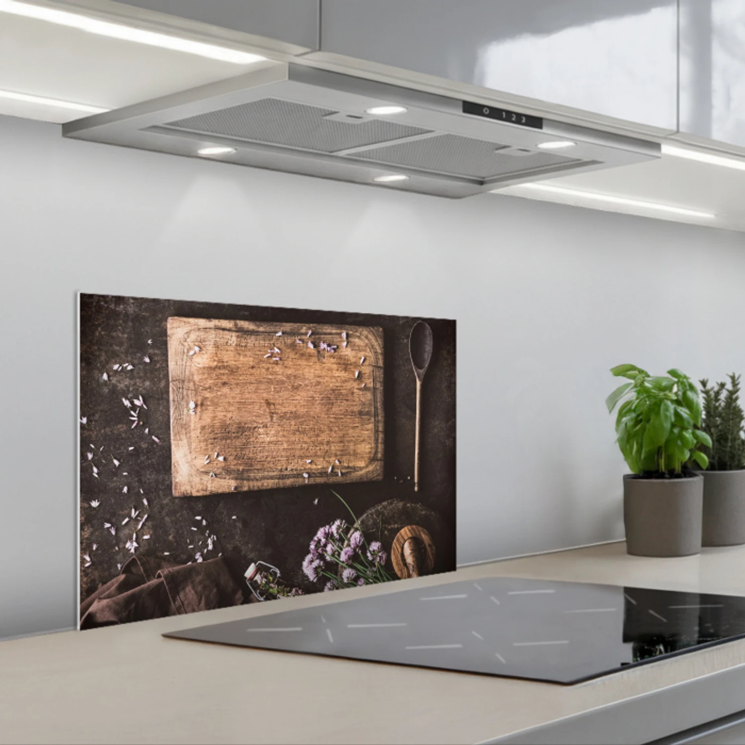 Snijplank - Kruiden - Lepel - Keuken - Rustiek - Vijzel - Bieslook keuken achterwand spatscherm klein -3d_schuin