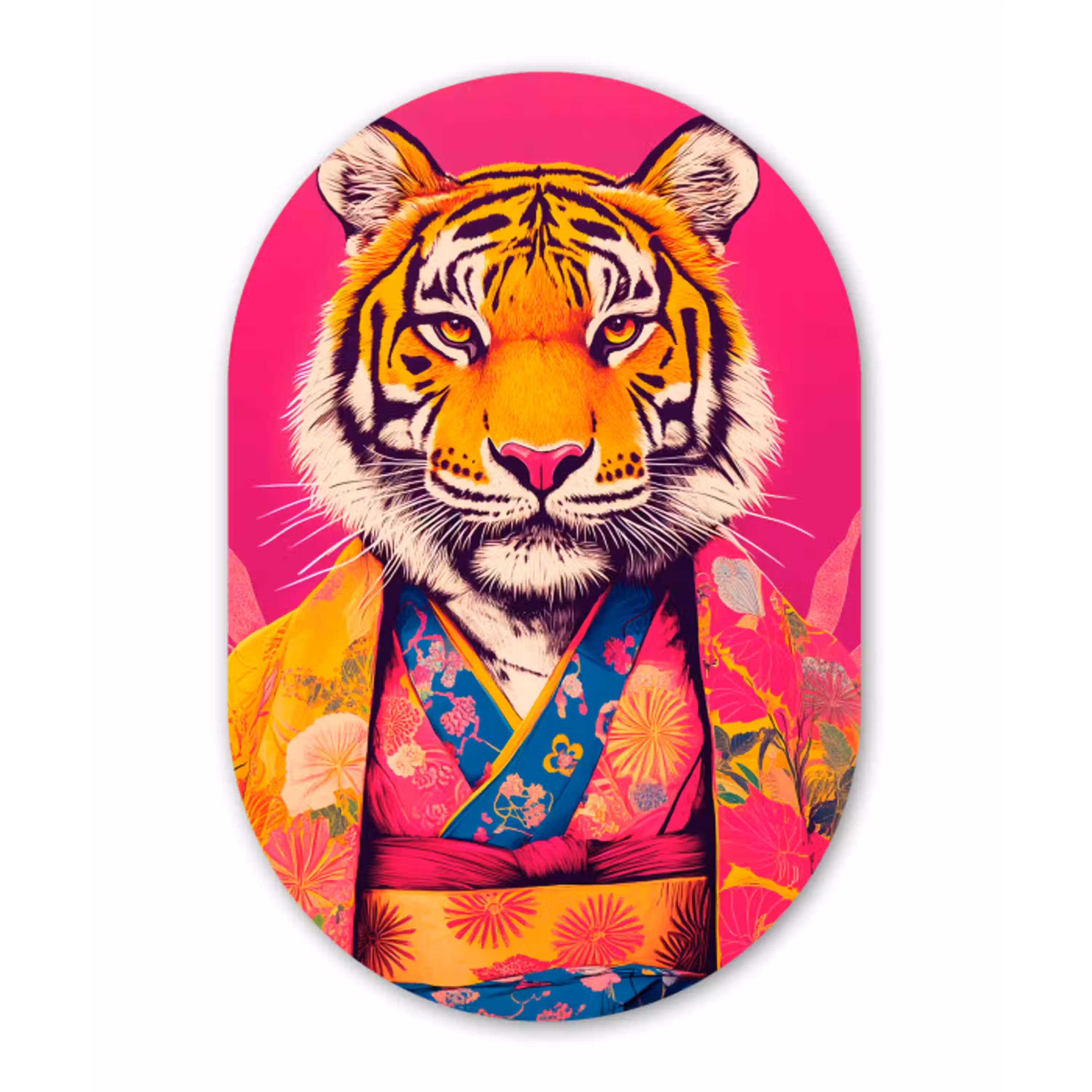 Tijger - Kimono - Planten - Roze Wandcirkel Ovaal Glas middel -3d