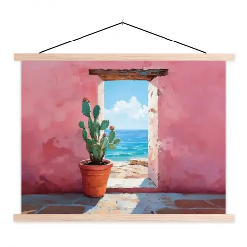 Zee - Roze - Cactus textielposter latten blank klein -3d