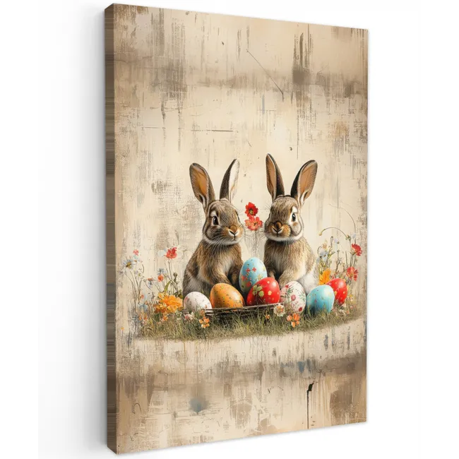Konijnen - Bloemen - Eieren Tuinposter op houten frame 2 cm dik klein -3d