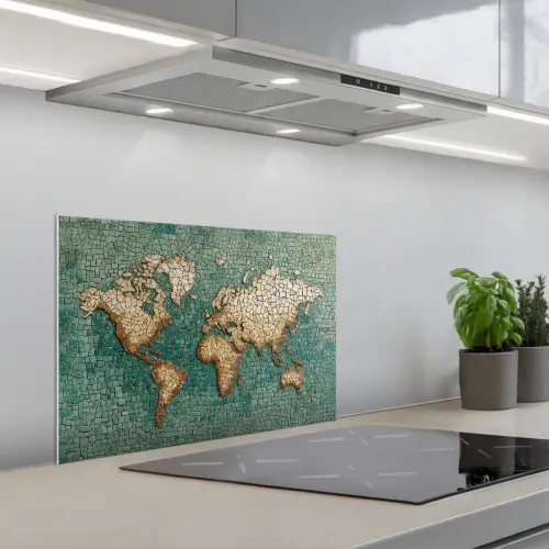 Wereldkaart - Gebroken tegels - Mozaïek keuken achterwand spatscherm klein -3d_schuin