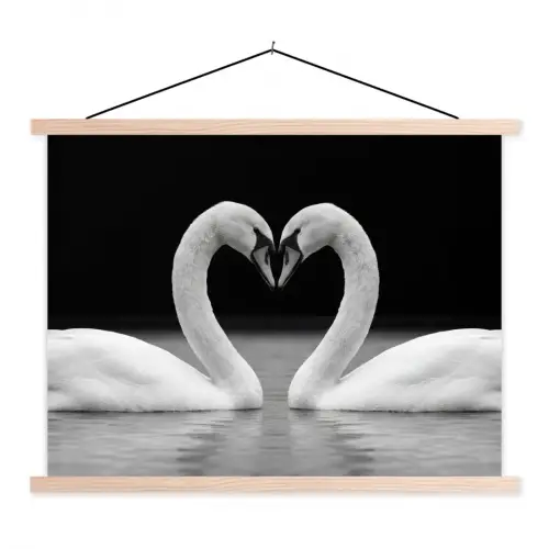 Zwanen - Hart - Zwart - Wit textielposter latten blank klein -3d