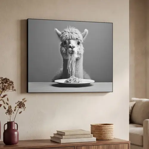 Alpaca - Pasta - Zwart - Wit - Grappig - Dieren Textielframe - compleet frame klein -sfeer3