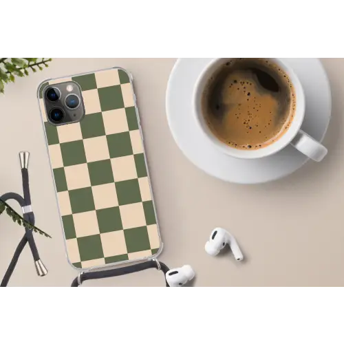 Schaakbord print - Groen - Beige - Blokjes Hoesje iPhone 12 Pro met koord klein -oordop