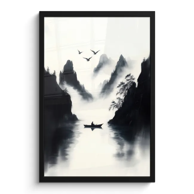 Poster met lijst - Roeiboot - Mistig - Bergen - Vogels