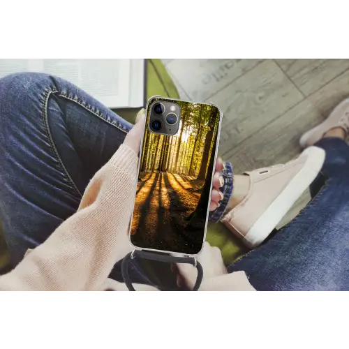 Zon - Bomen - Bos - Landschap Hoesje iPhone 12 Pro met koord klein -hand