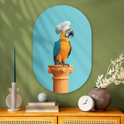 Papegaai - Koksmuts - Grappig - Vogel Wandcirkel Ovaal Glas middel -sfeer2