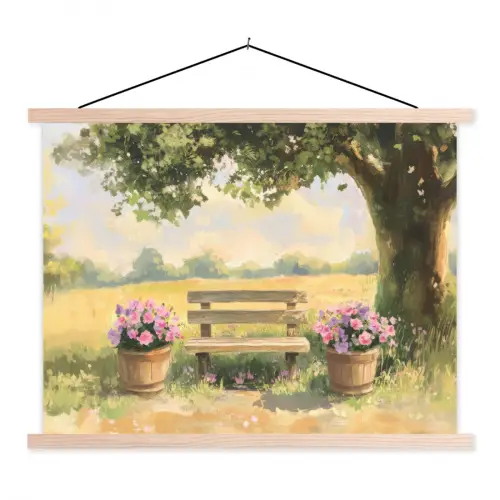 Houten bankje - Bloempotten - Landschap textielposter latten blank klein -3d