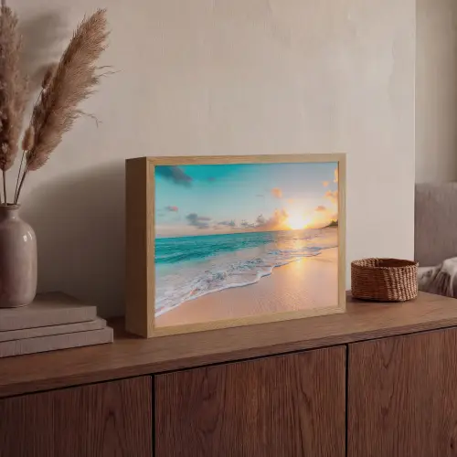 Zonsondergang - Strand - Zee - Zomer - Blauw Light Box met batterij (Wandlamp) middel -sfeer2