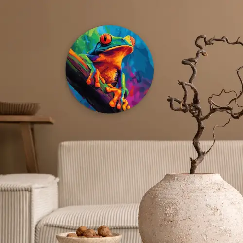 Kikker - Felgekleurd - Tak - Regenboog Wandcirkel kunststof plaat 5mm dik klein -sfeer1