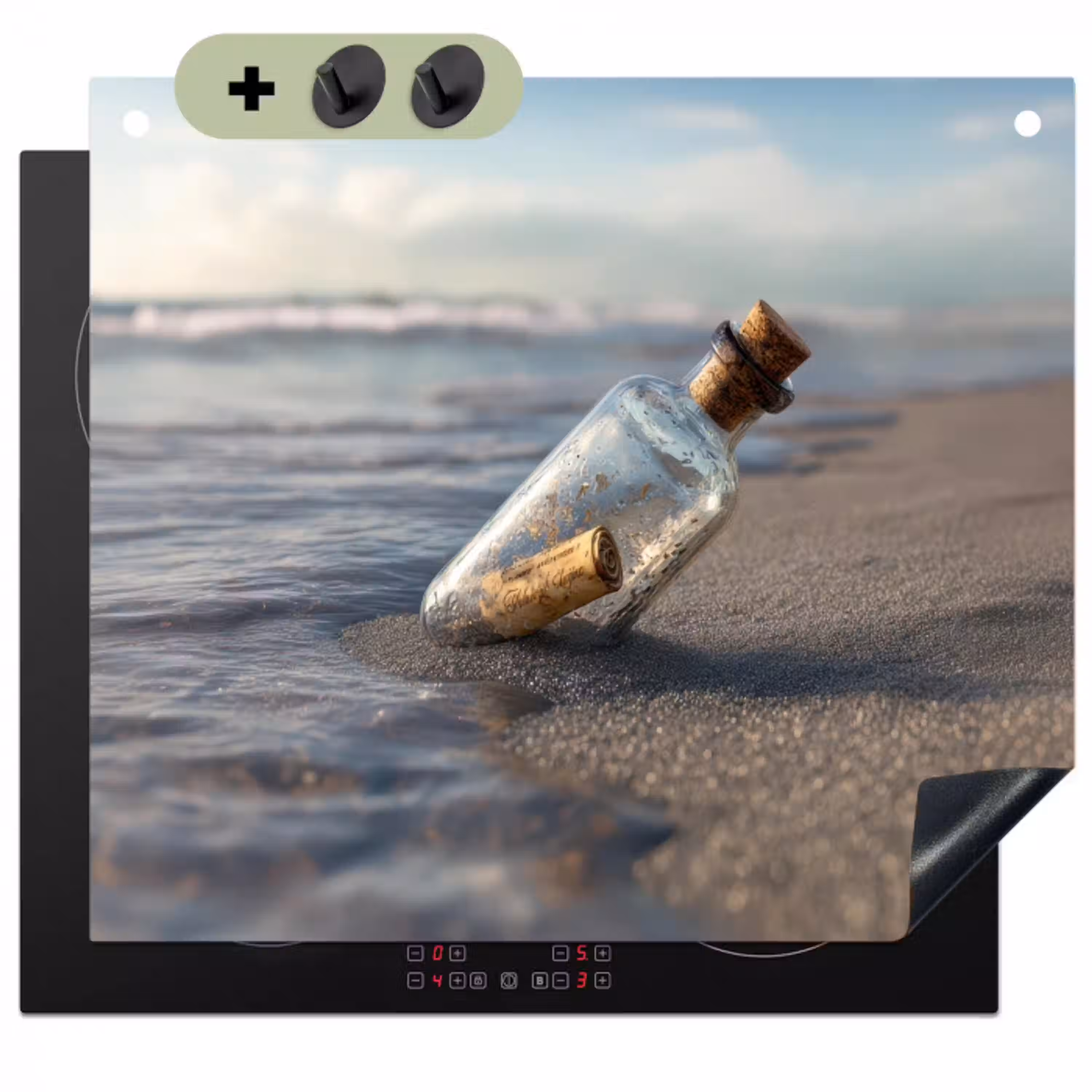 Glazenfles - Post - Zee - Zand Inductie beschemer met haakjes klein -3d