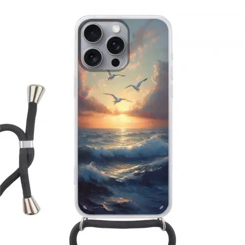 Meeuwen - Zonsondergang - Zee - Wolken Hoesje iPhone 16 Pro Max met koord klein -3d
