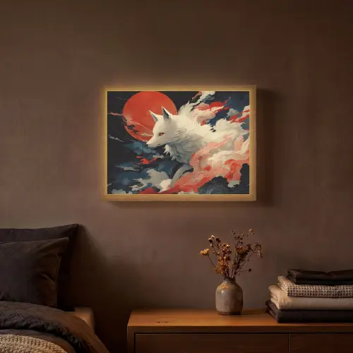 Witte vos - wolken - maan Light Box met batterij (Wandlamp) middel -sfeer4
