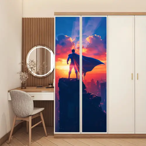 Superheld - Stad - Jongens - Kleurrijk - Zon deurposter klein -sfeer3