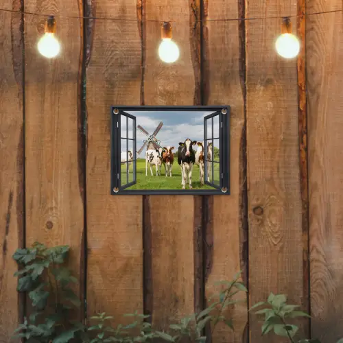 Uitzicht op Koeien en Windmolen tuinposter los doek klein -sfeer1