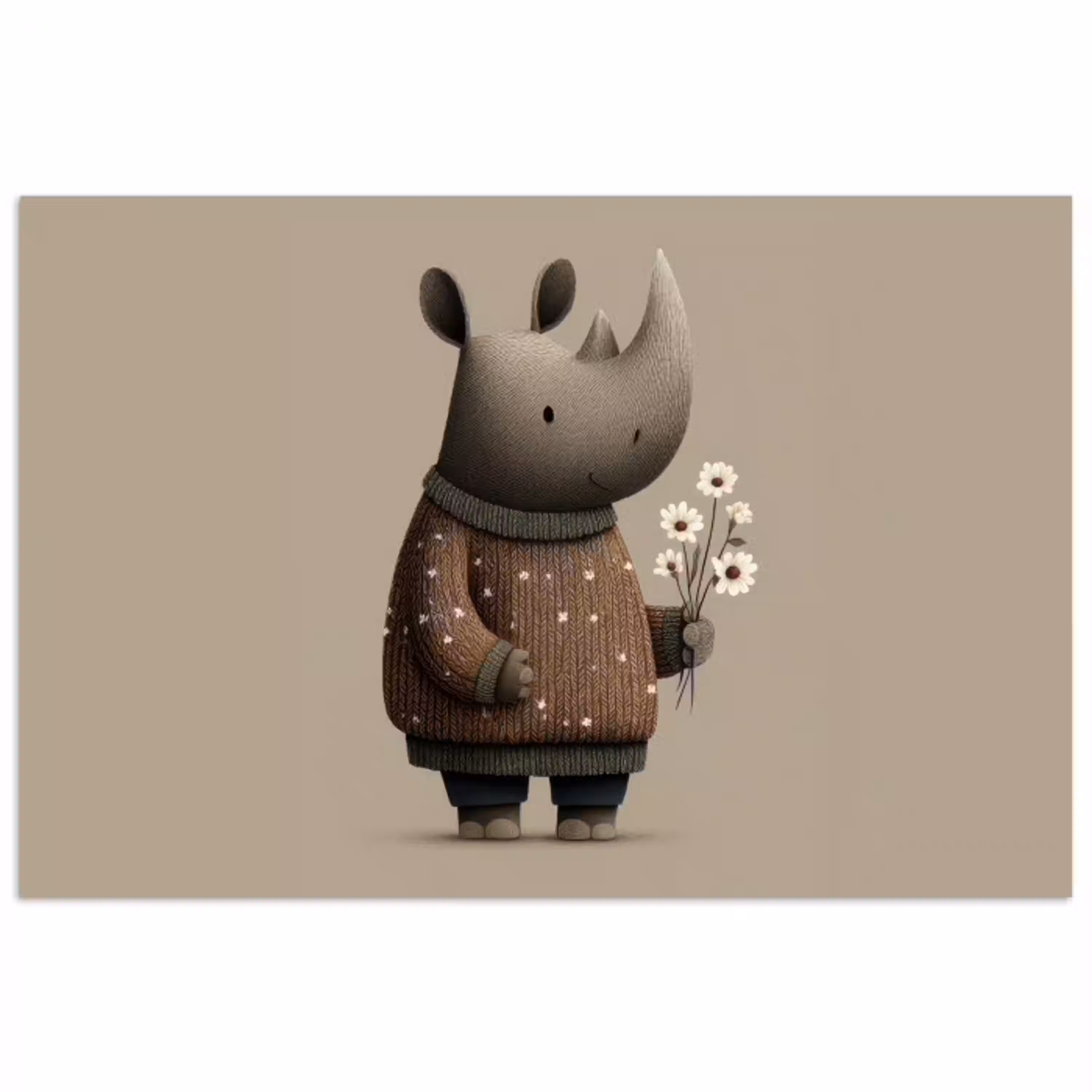 Neushoorn - Witte bloemen - Lief poster papier klein -3d