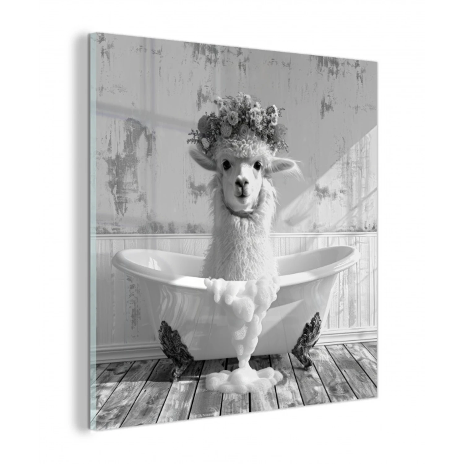 Alpaca - Bloemen - Dier - Bad - Zwart - Wit plexiglas 5mm klein -z3d