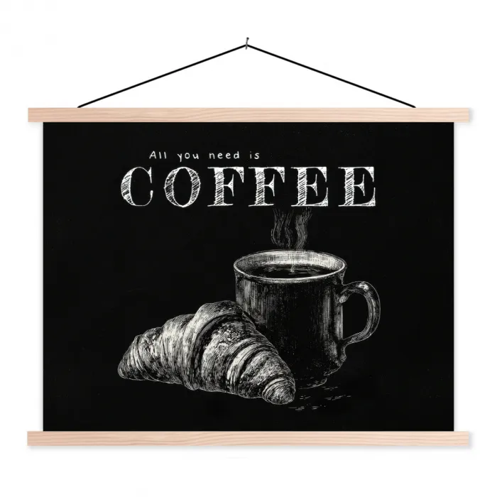 Koffie - Croissant - Tekst textielposter latten blank klein -3d