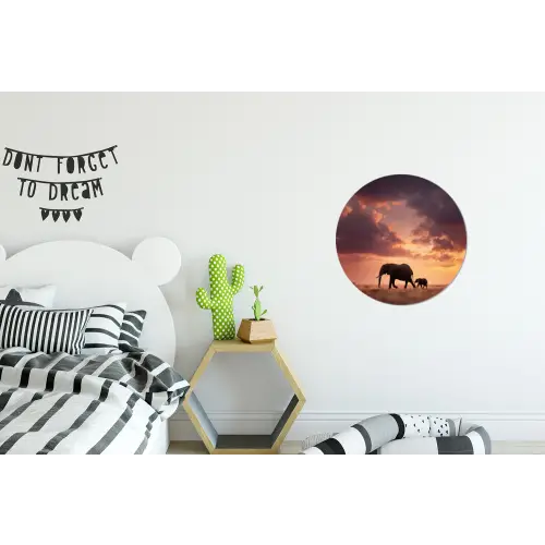 Olifanten - Grasland - Zonsondergang Wandcirkel aluminium klein -kinderkamer