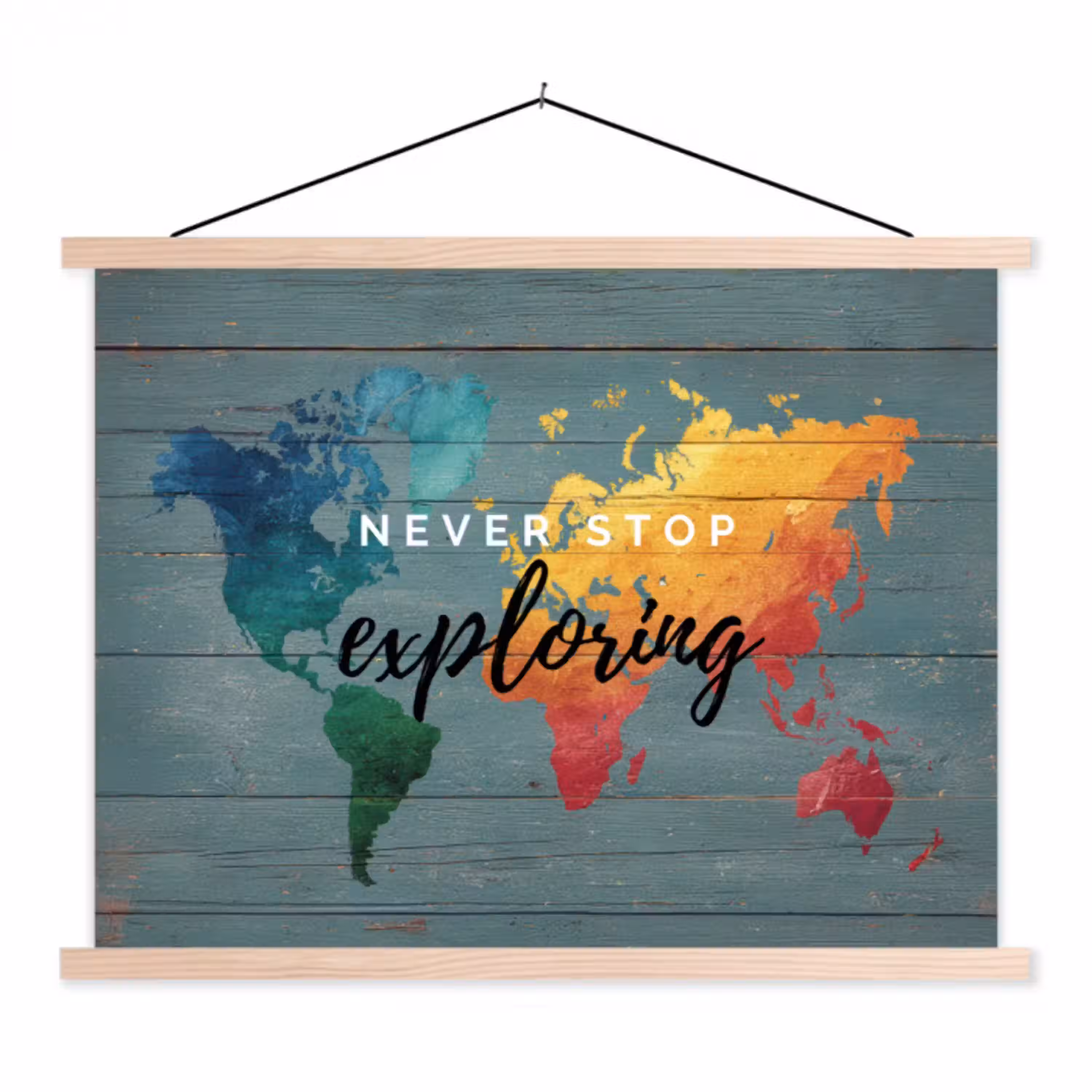 Hout - Wereldkaart - Regenboog - Exploring textielposter latten blank klein -3d