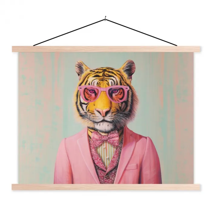 Tijger - Strik - Jasje - Roze textielposter latten blank klein -3d