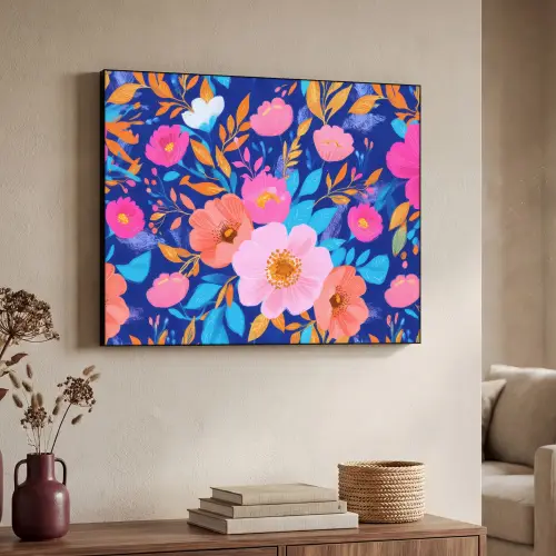 Bloemen - Blauw - Roze Textielframe zwart klein -sfeer3