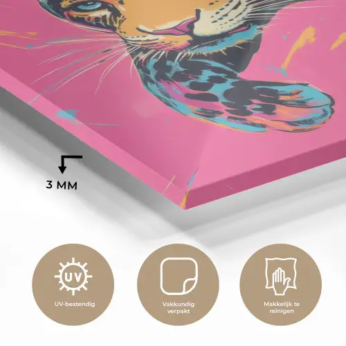 Luipaard - Roze - Oranje - Blauw - Verf plexiglas 5mm klein -sfeer2