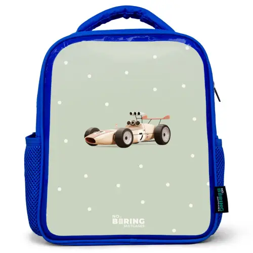 Beige retro raceauto op groene stippen achtergrond Kinderrugzak - Blauw middel -3d