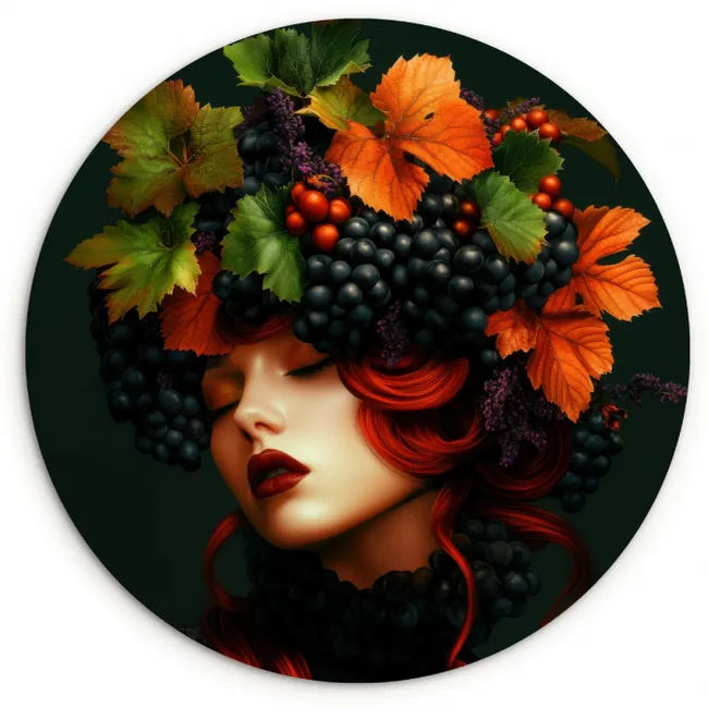 Vrouw - Rood - Groen - Druiven KitchenYeah - Keuken - Wandcirkel Forex klein -3d