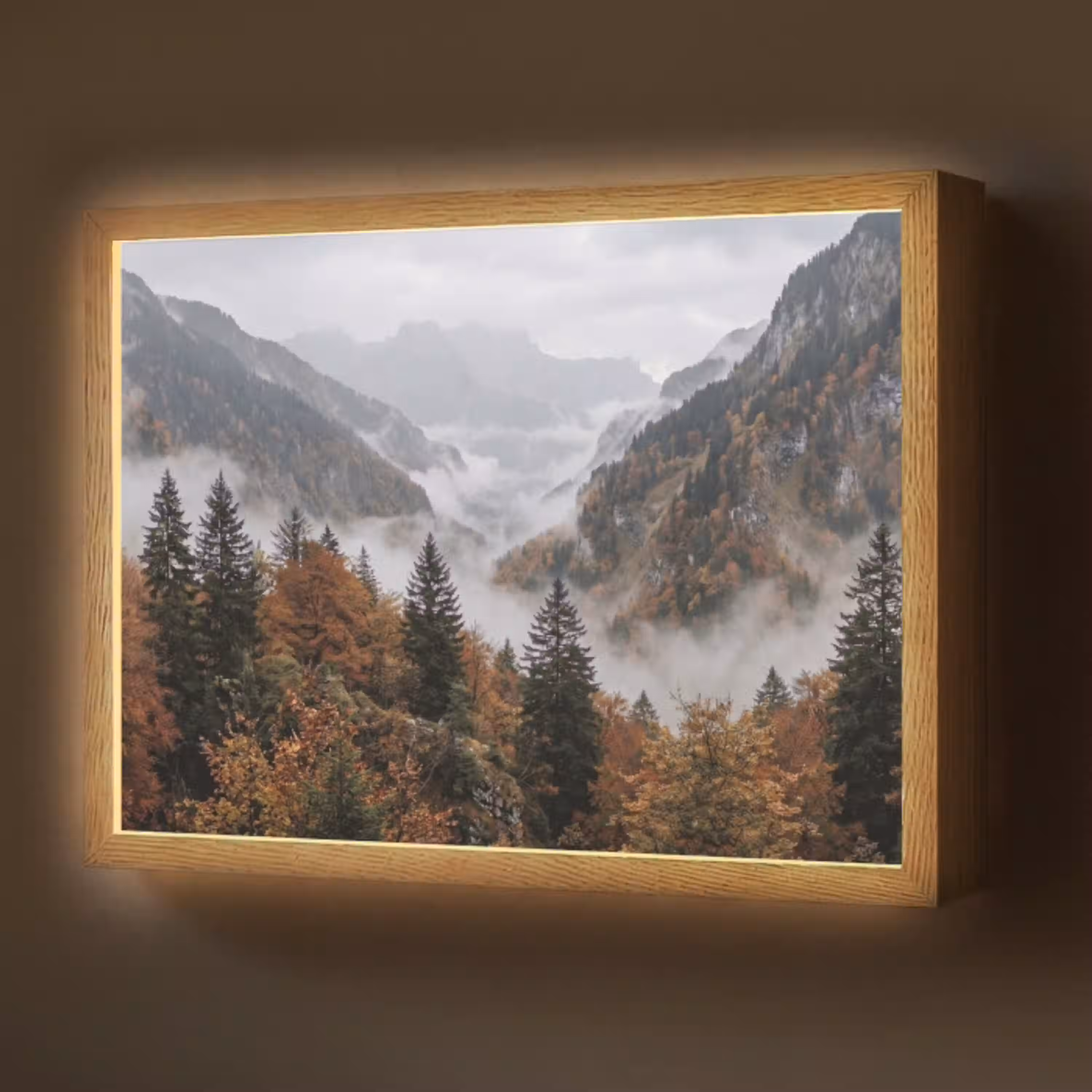 Bergen - Vallei - Mist - Herfst - Natuur Light Box met batterij (Wandlamp) middel -z3d_website