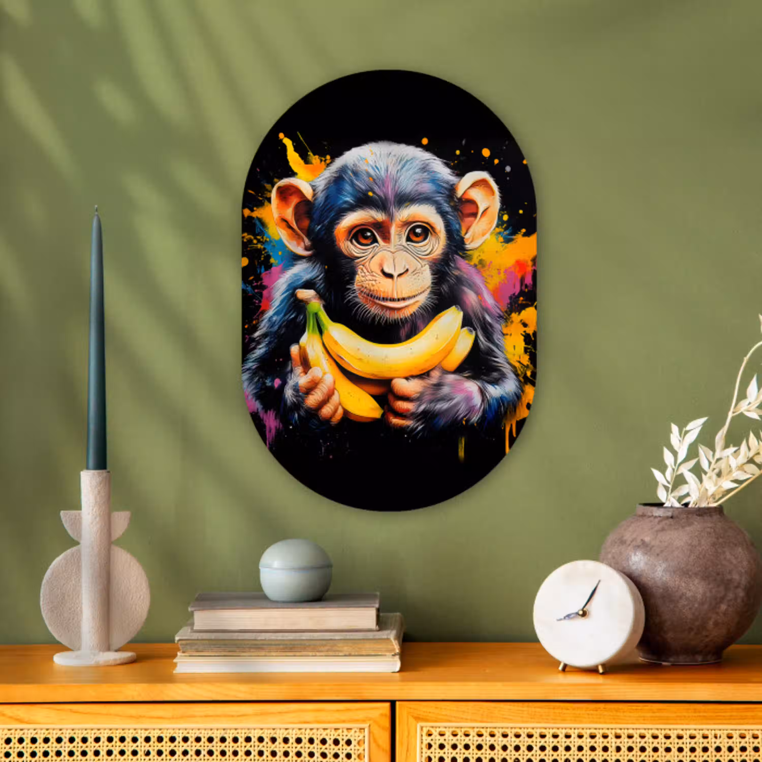 Aap - Graffiti - Kleurrijk - Bananen - Modern Wandcirkel Ovaal Forex klein -sfeer2