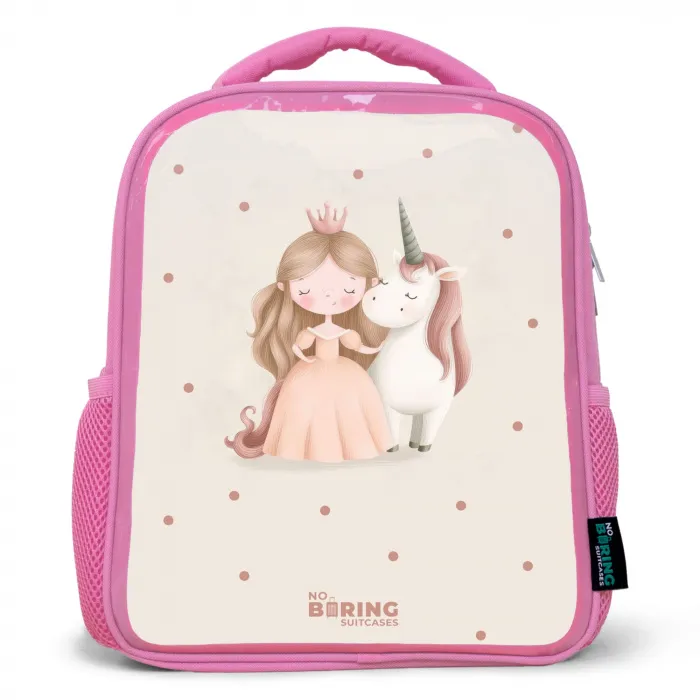 Prinses en een eenhoorn in pastel kleuren Kinderrugzak - Roze middel -3d
