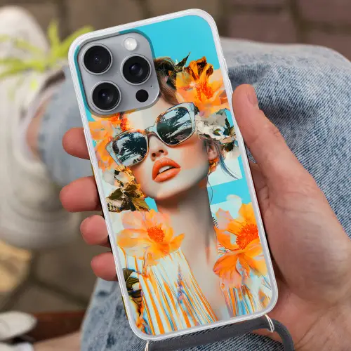 Bloemen - Vrouw - Zonnebril - Blauw Hoesje iPhone 16 Pro Max met koord klein -sfeer3