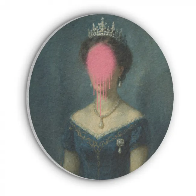 Akoestisch schilderij rond - Kroon - Roze druipend verf - Portret