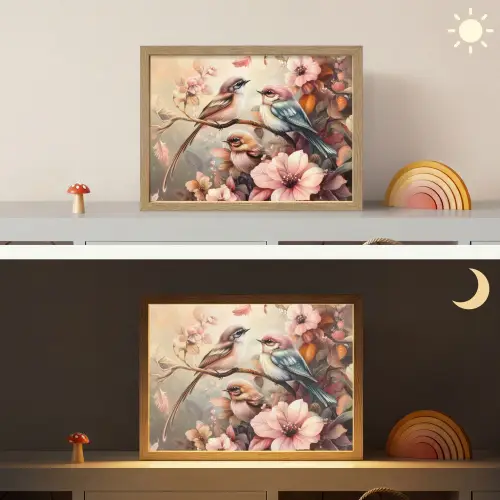 Vogels - Bloemen - Roze - Pastel Light Box met batterij (Wandlamp kind) middel -sfeer3_kind
