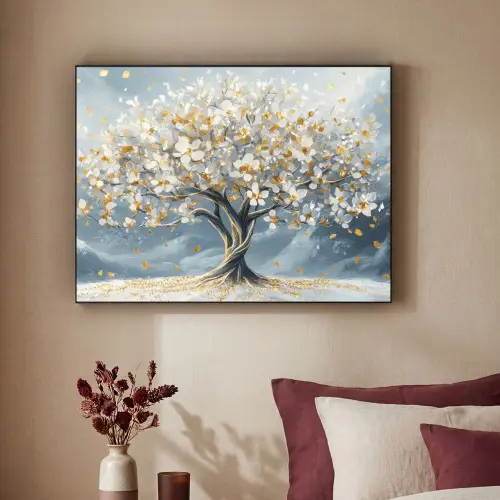 Boom - Winter - Levensboom - Modern - Goud Textielframe zwart klein -sfeer1