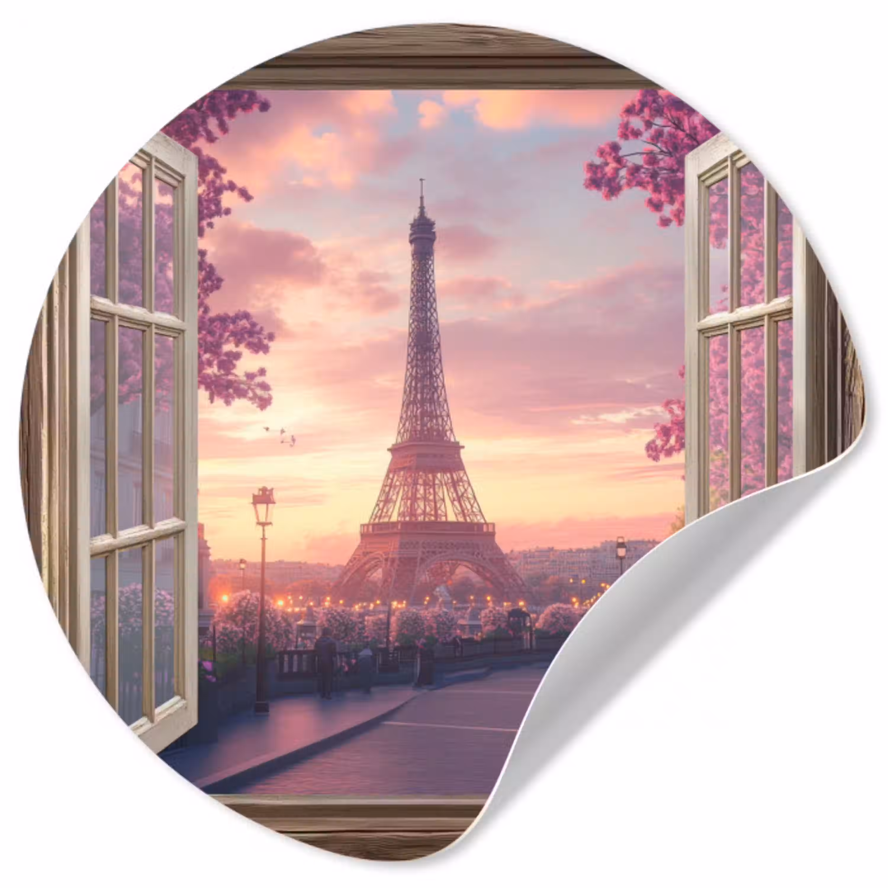 Doorkijk - Parijs - Eiffeltoren - Roze - Kersenbloesem Wandcirkel behangsticker klein -3d