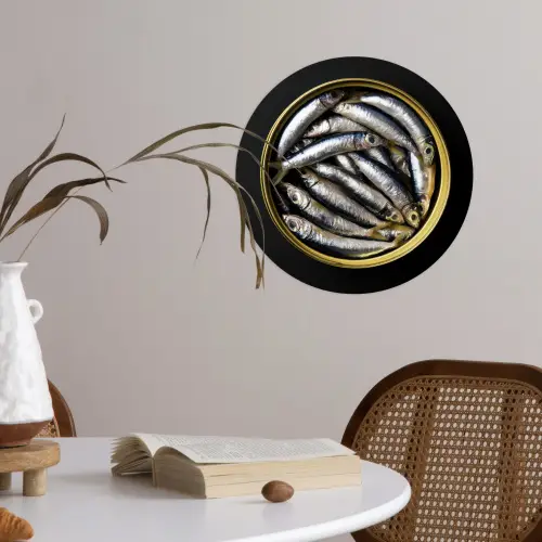 Sardines - Vissen - Rond - Zwart Wandcirkel behangsticker klein -sfeer3