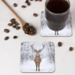 Hert - Winter - Bos - Natuur - Wit onderzetter kurk middel -sfeer2