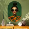 Vrouw - Groen - Modern - Bril - Abstract Wandcirkel Ovaal Glas middel -sfeer2