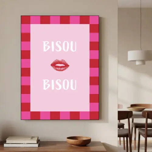 Kiss - Roze - Frans - Valentijn Textielframe zwart klein -sfeer2
