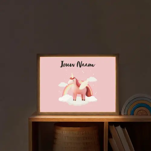 Eenhoorn - Vleugels - Roze - Regenboog Light Box met batterij (Wandlamp kind) middel -sfeer1_kind