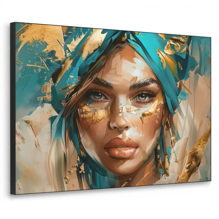 Vrouw - Portret - Goud - Luxe - Blauw Textielframe zwart klein -3d