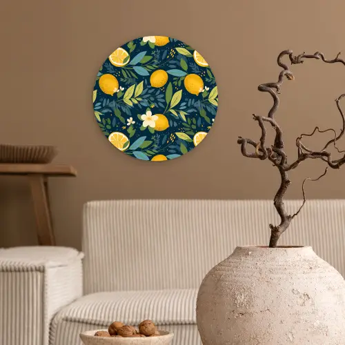 Bloemen - Bladeren - Citroenen - Blauw Wandcirkel plexiglas klein 852 -sfeer1