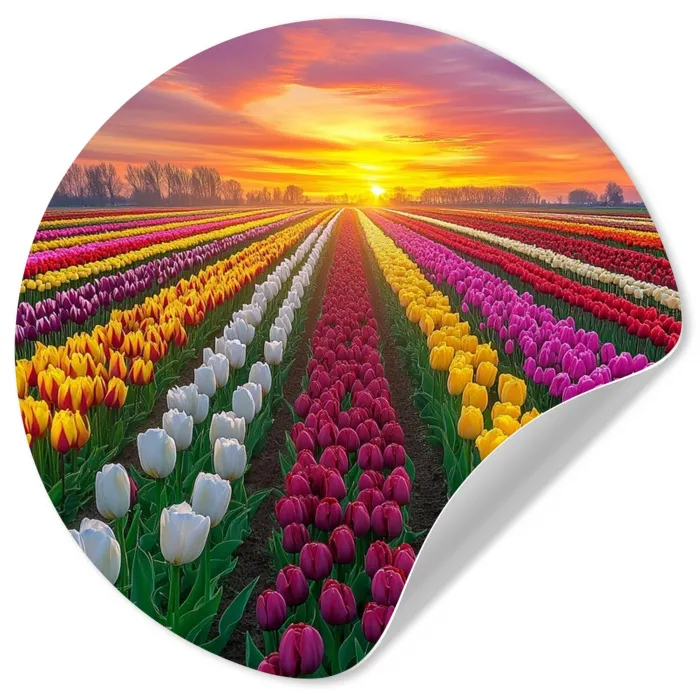 Tulpenveld - Zonsondergang - Kleurrijk Wandcirkel behangsticker klein -3d